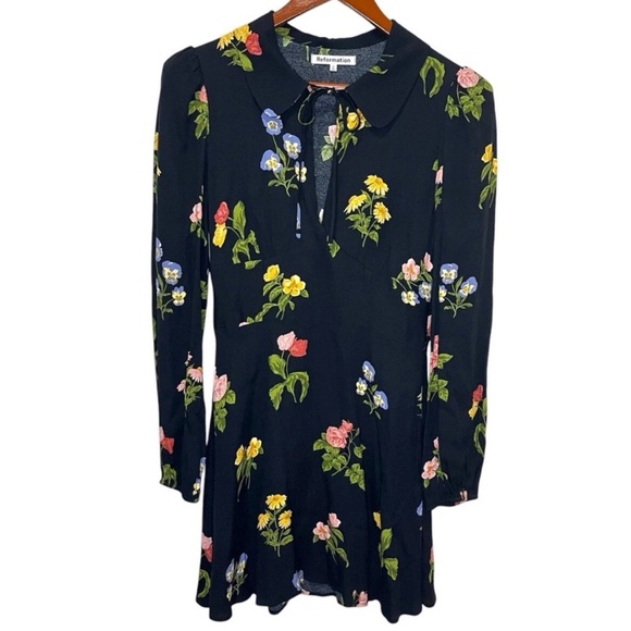 Reformation Will Dress Night Bloom Floral Black Keyhole Peter Pan Collar Size 2 - Picture 4 of 10